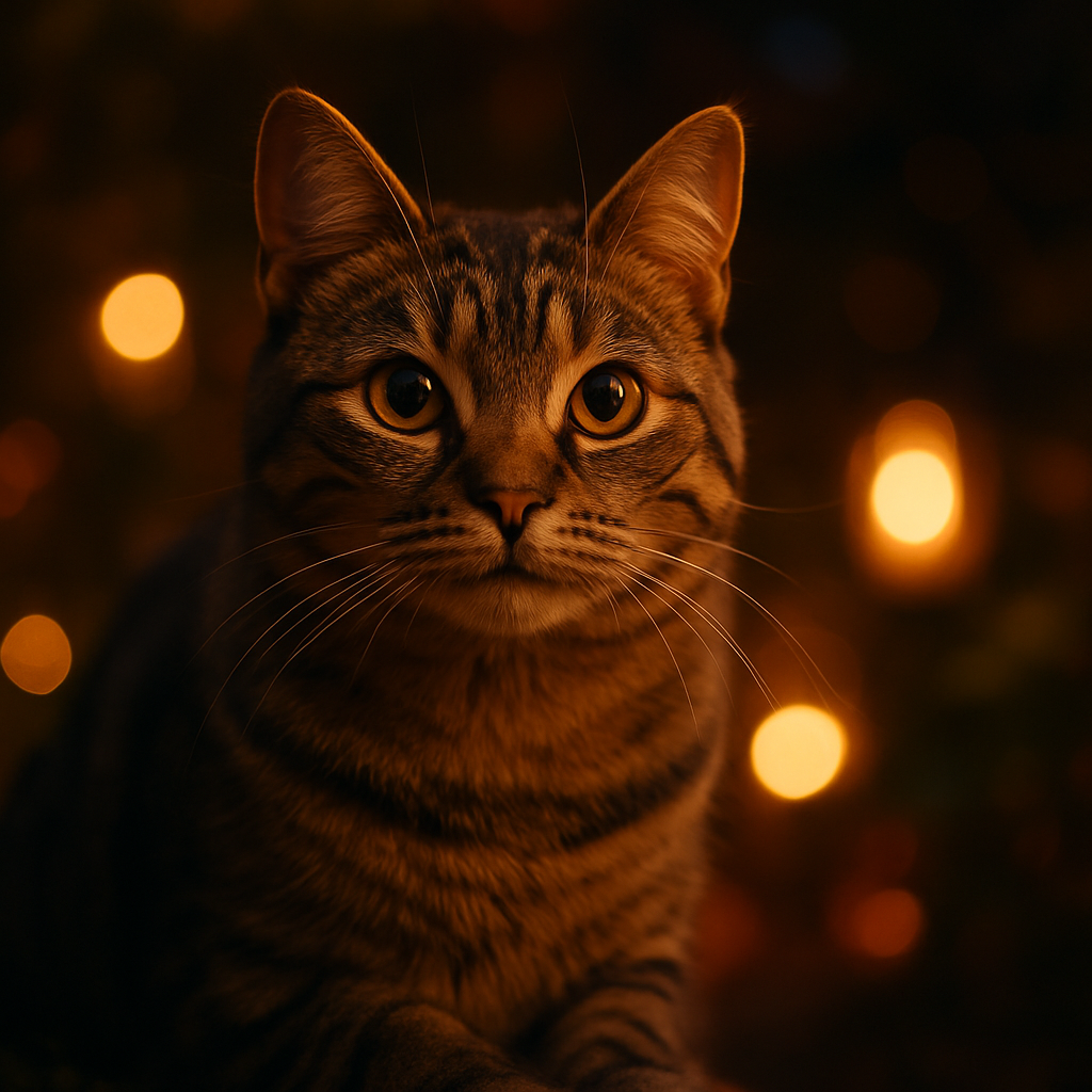 A tabby cat exploring a garden at twilight