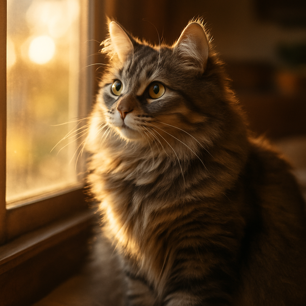 Fluffy gray tabby cat gazing out a sunny window.