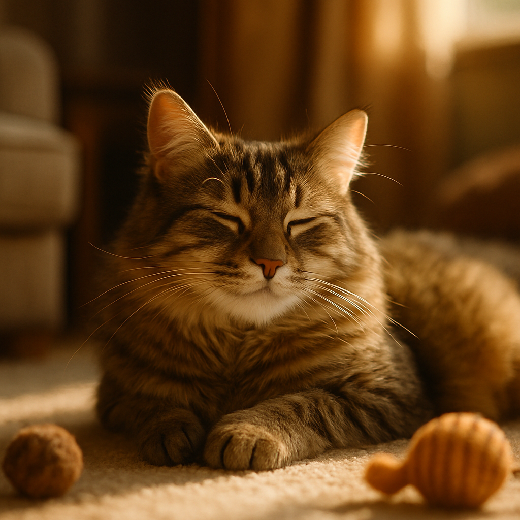 A tabby cat napping in a sunbeam with toys nearby.