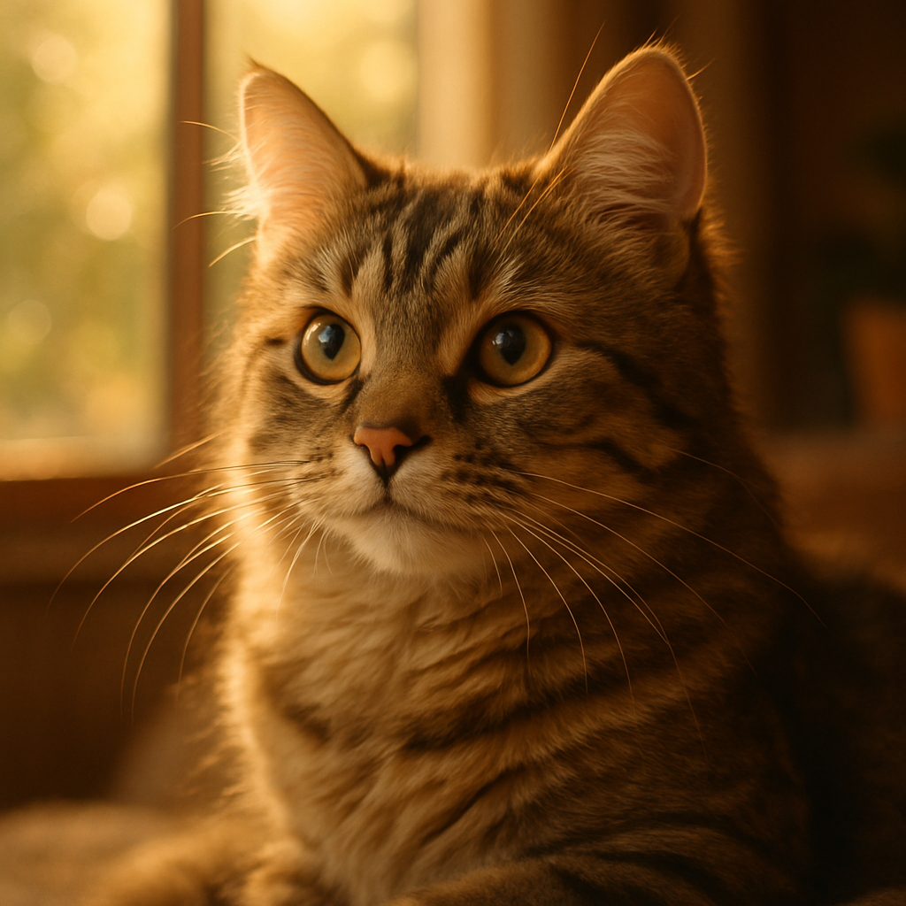 A tabby cat exploring a sunlit garden.