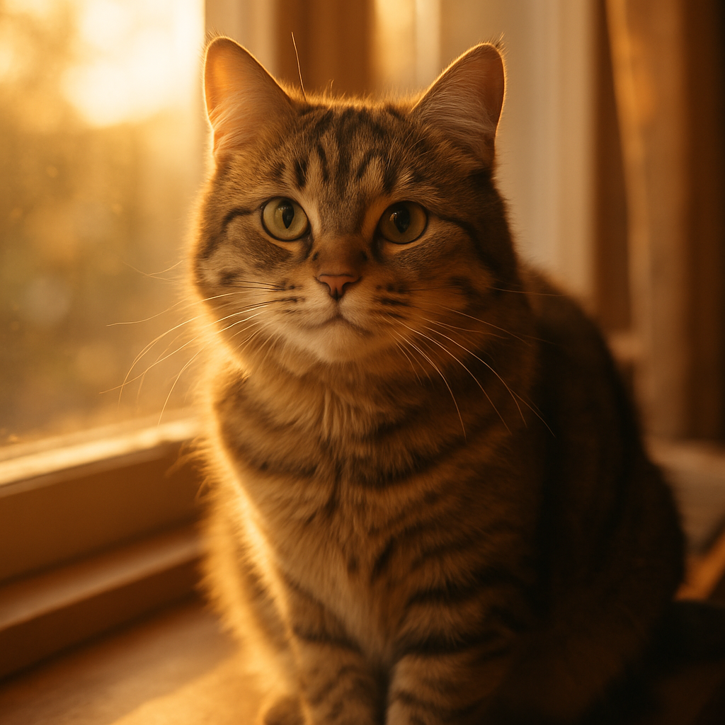 A tabby cat sitting on a sunlit windowsill
