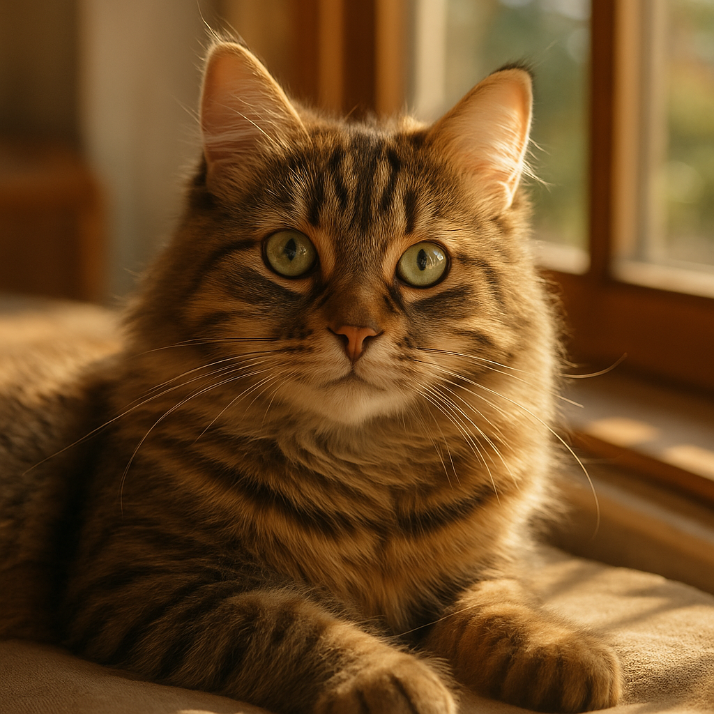 A tabby cat lounging in a sunny window.