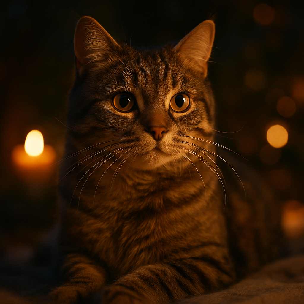 A tabby cat exploring a moonlit garden