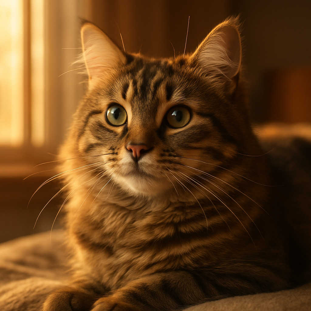 A tabby cat enjoying a sunny morning by the window.