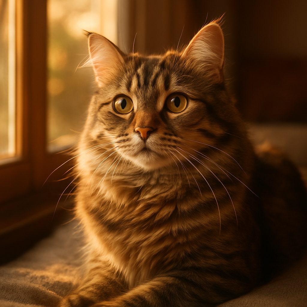 Tabby cat basking in a sunbeam by the window