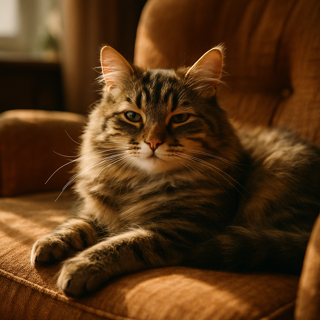 A tabby cat napping in the sun on an old armchair.