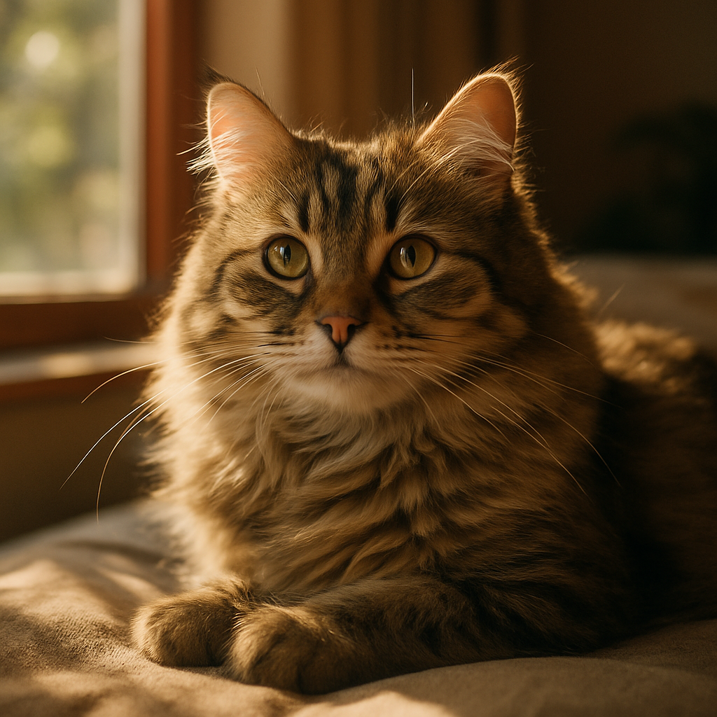 Fluffy tabby cat napping in a sunbeam by a window.