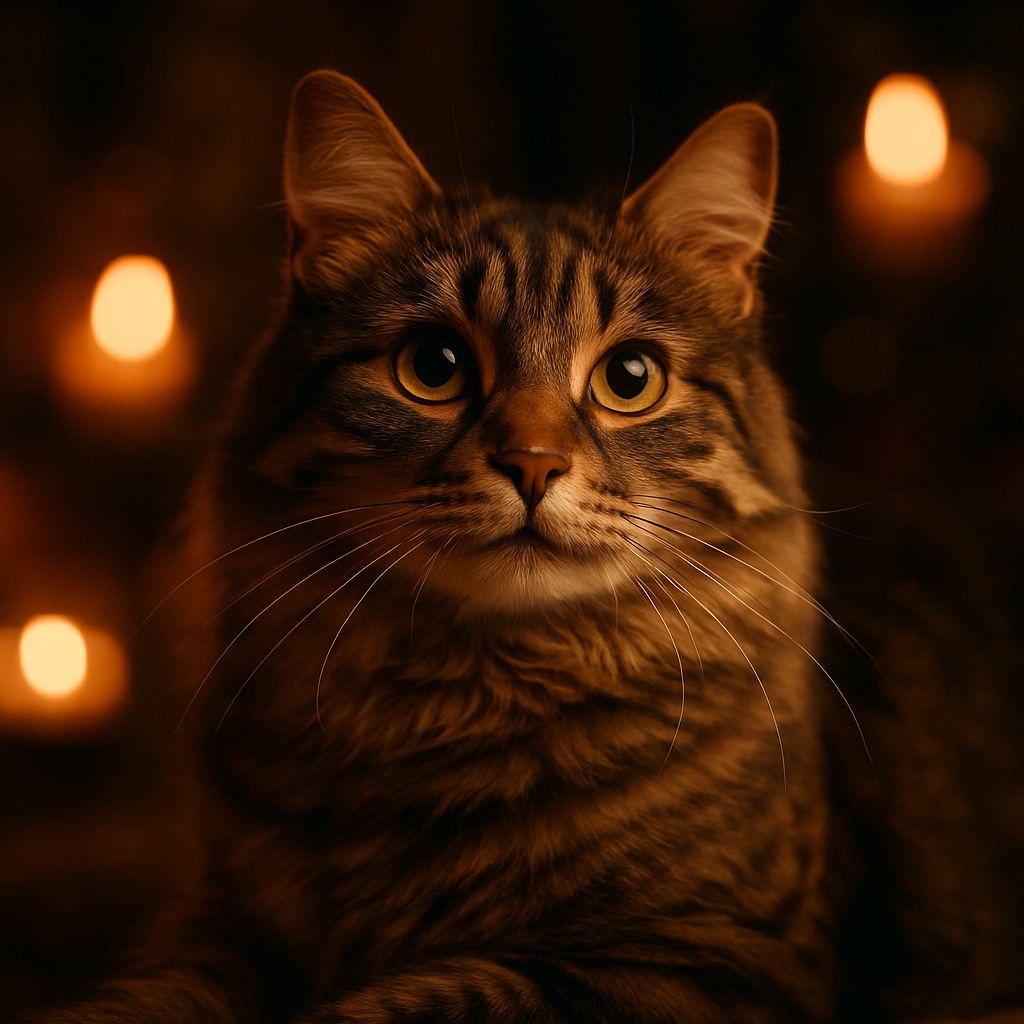 A tabby cat exploring a moonlit garden