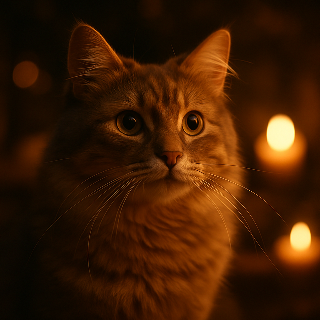 A curious cat with whiskers exploring a moonlit garden.