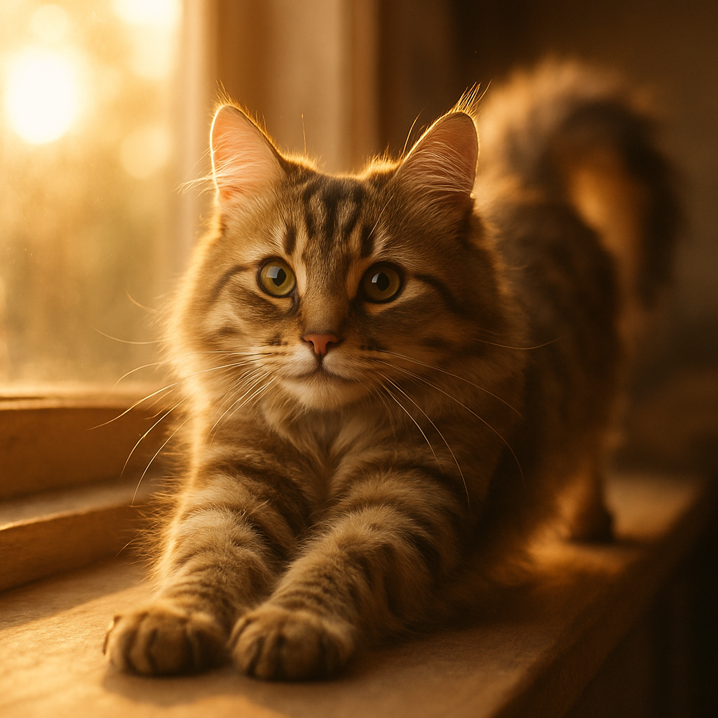 Tabby cat stretching on a sunny window sill.