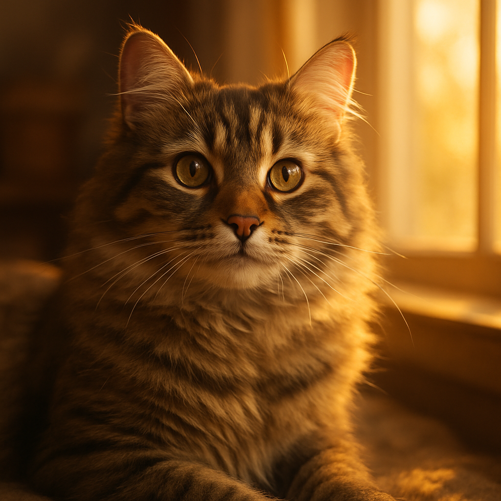 Tabby cat and black kitten by a sunny window