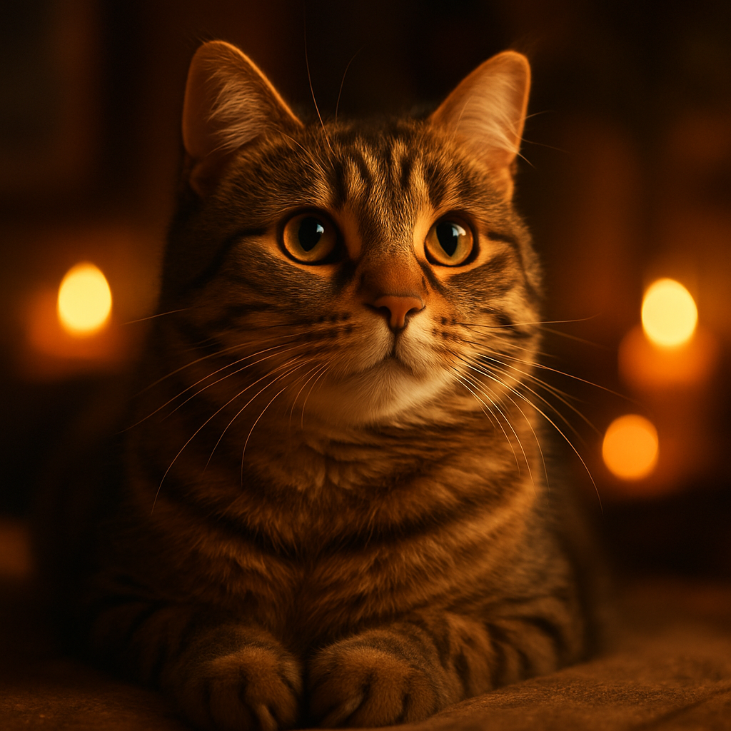 Whiskers the tabby cat basking in the evening glow.