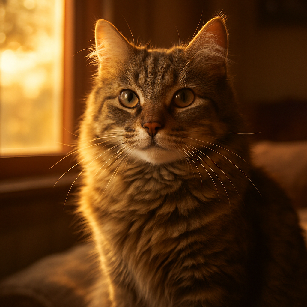 A tabby cat basking in the morning sun by a window.