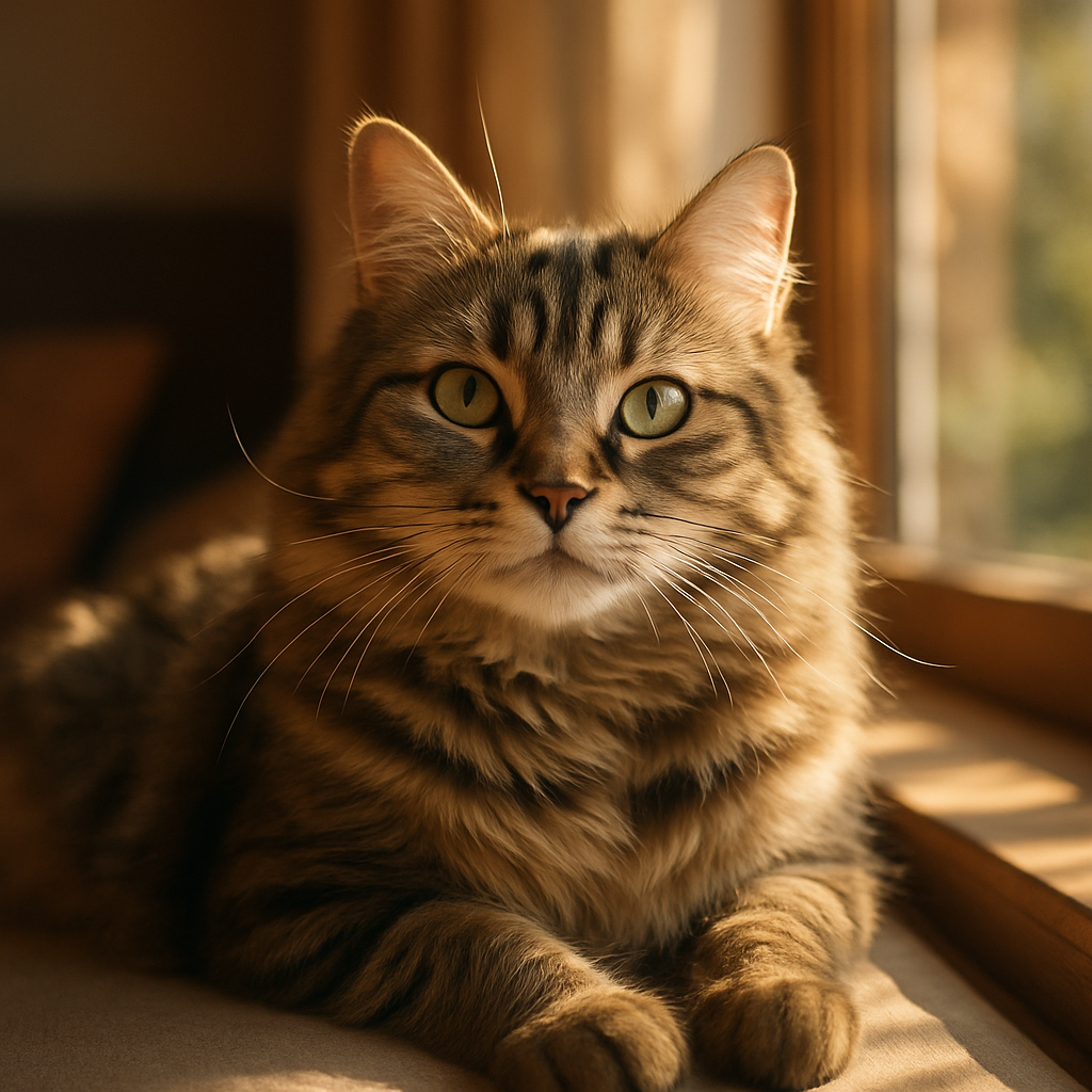 Tabby cat enjoying the sun on a windowsill.