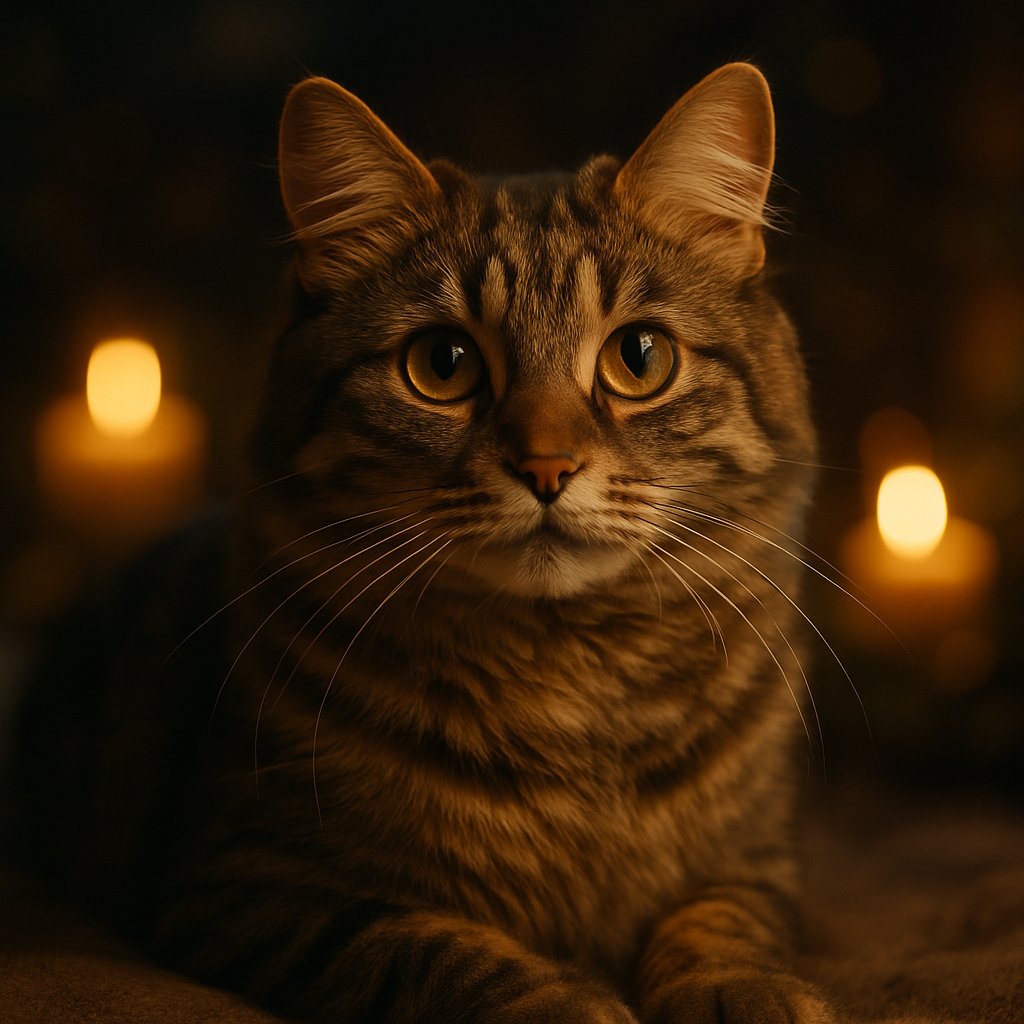 A tabby cat exploring a garden under moonlight
