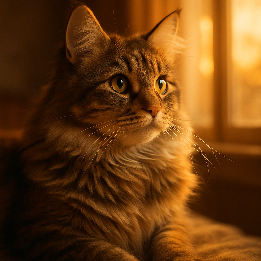 A fluffy Maine Coon cat gazing out a window.