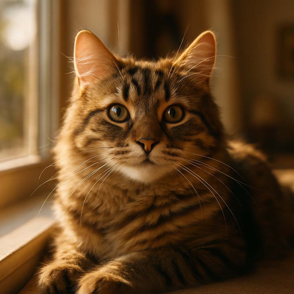 Whiskers the tabby cat basking in the sun on a windowsill
