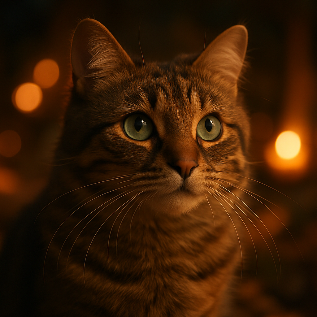 A tabby cat with green eyes exploring a moonlit garden