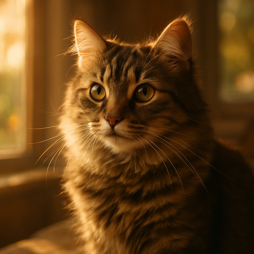 A tabby cat exploring a sunny backyard.