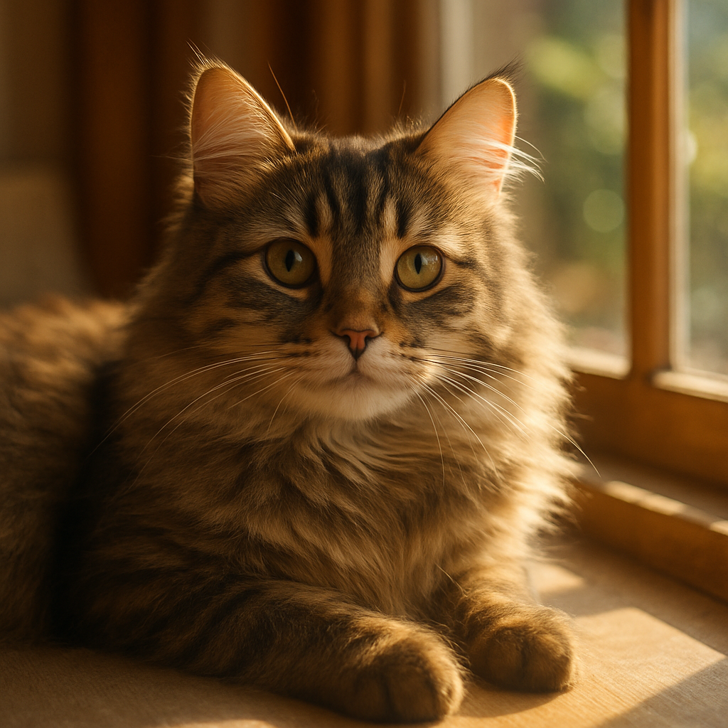 Fluffy tabby cat napping on a sunny windowsill