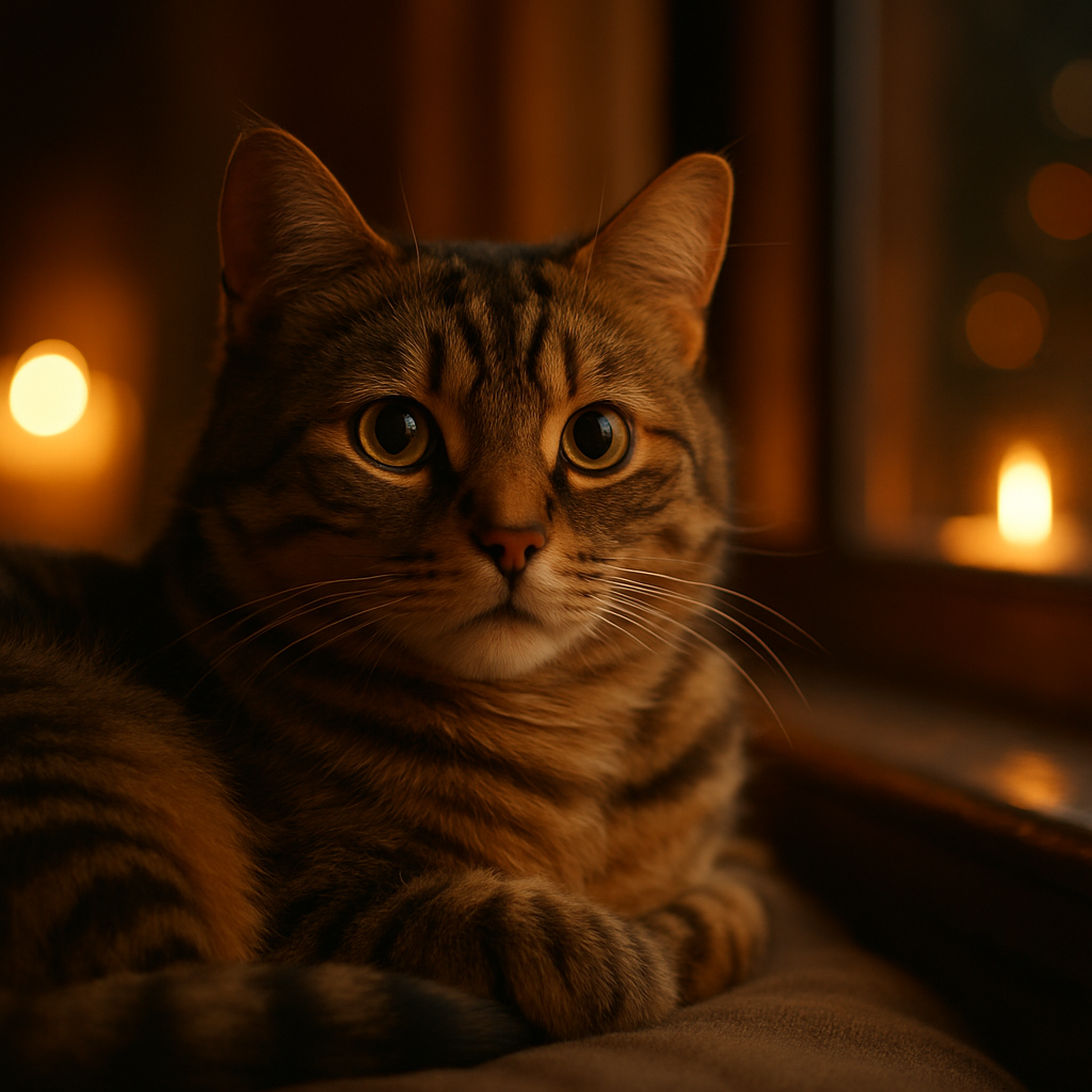 A cozy tabby cat curled up on a windowsill at dusk.