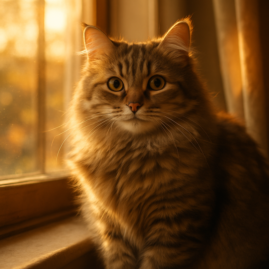 A fluffy tabby cat sitting on a sunny windowsill