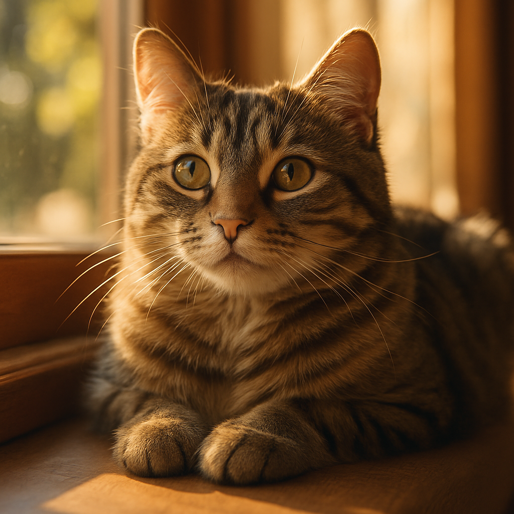 A tabby cat basking in the sun on a windowsill.