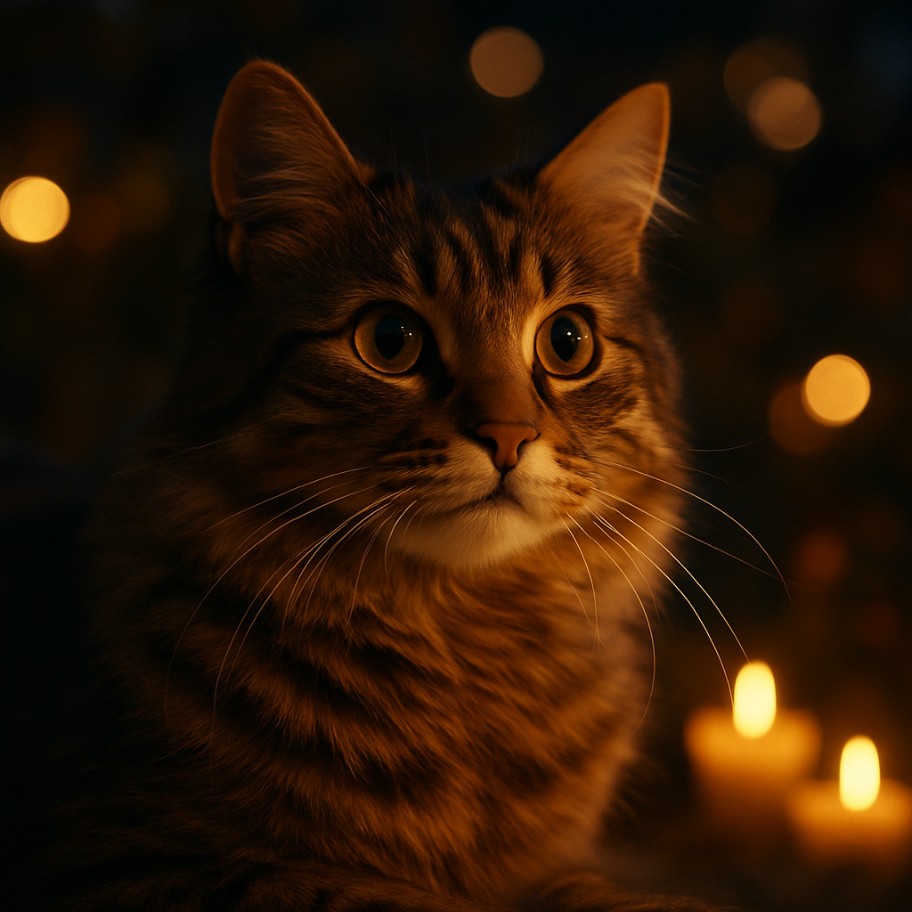 Tabby cat exploring a moonlit garden