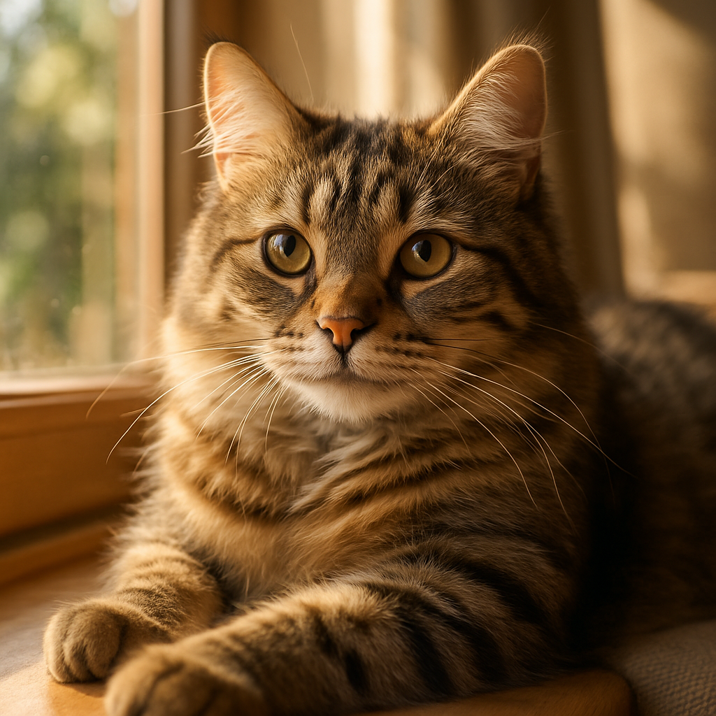 A tabby cat lounging on a sunny windowsill.