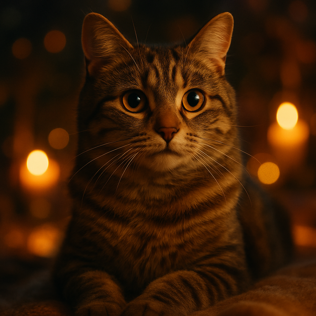 Tabby cat in a moonlit garden
