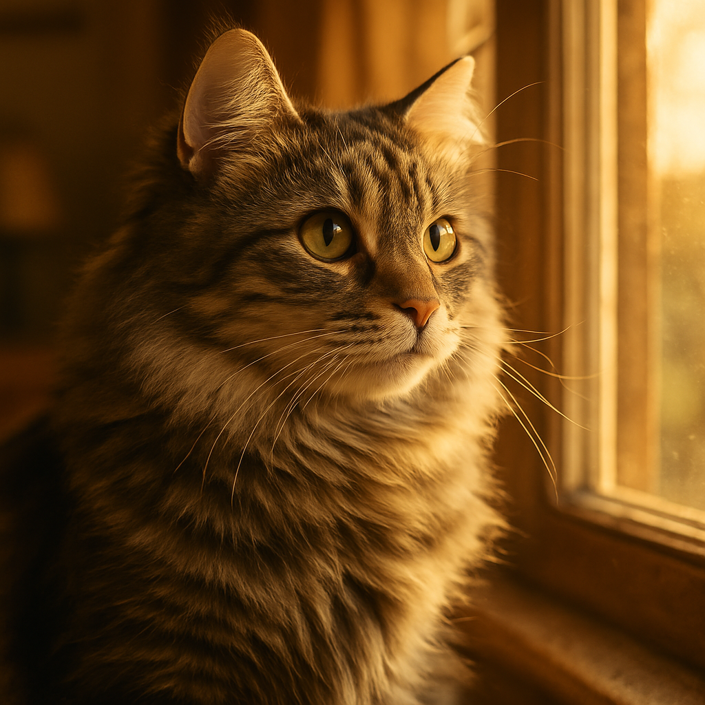 Tabby cat gazing through a sunlit window