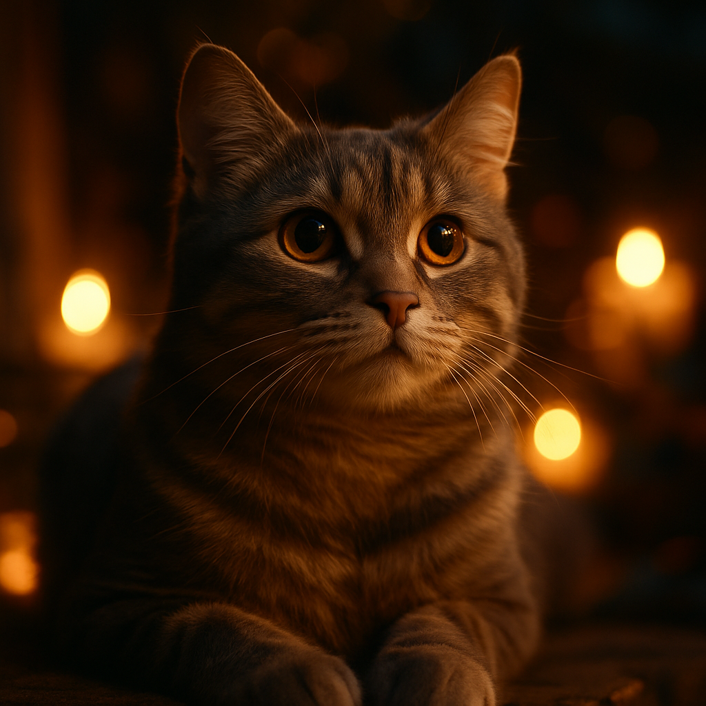A gray tabby cat exploring a garden under the moonlight.