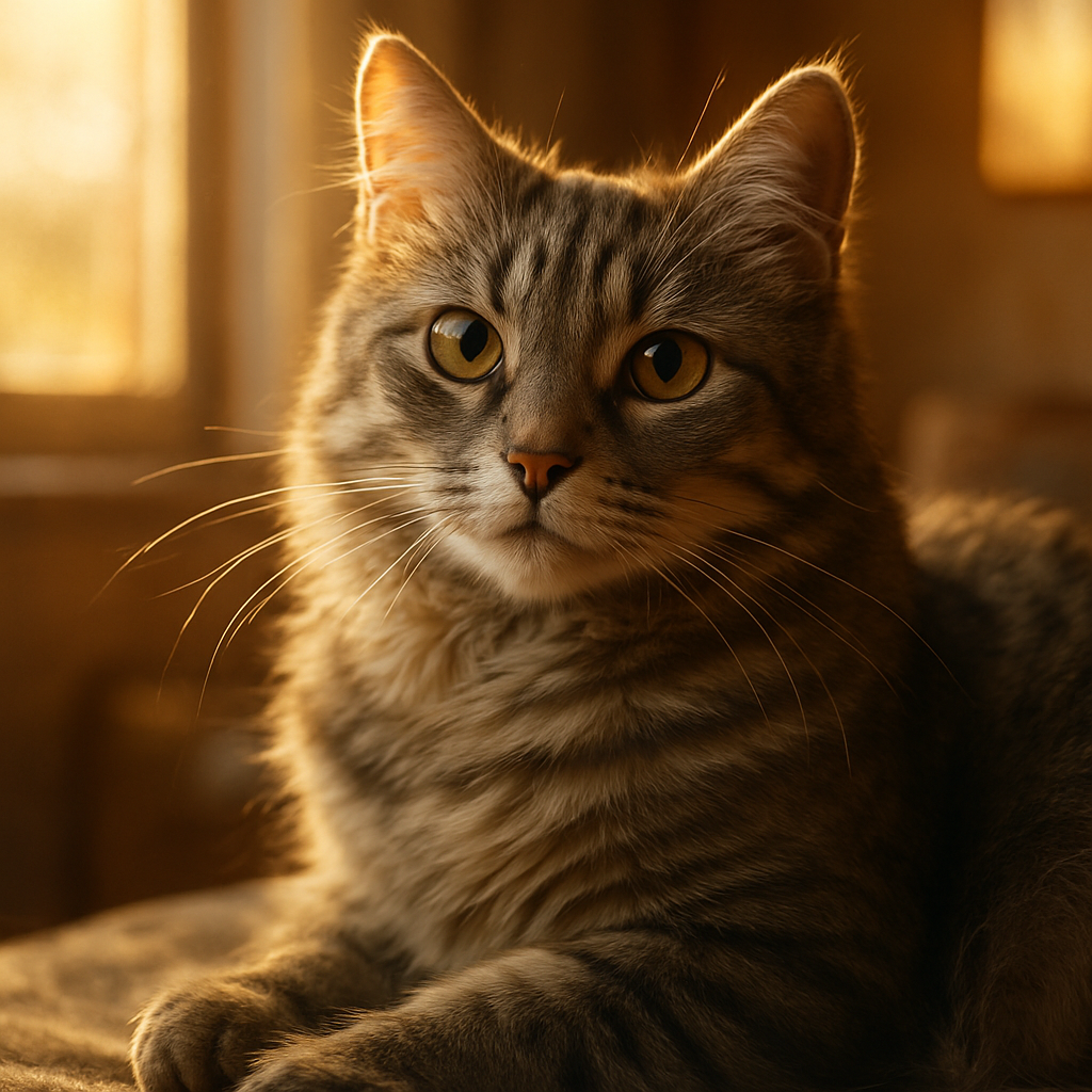 Gray tabby cat basking in morning sun