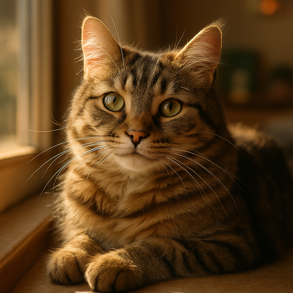 A tabby cat basking in the sun on a window ledge.