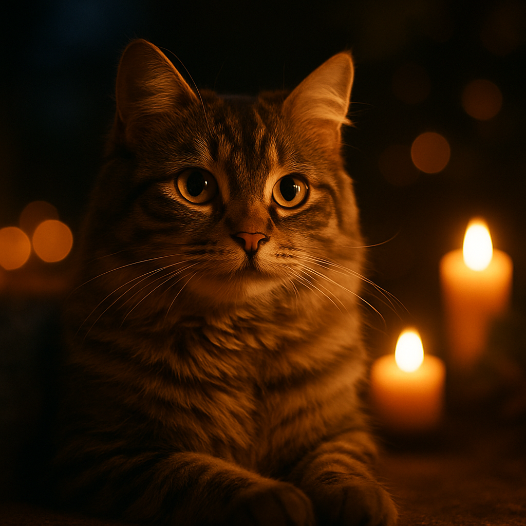 Cozy tabby cat under moonlit sky in a garden