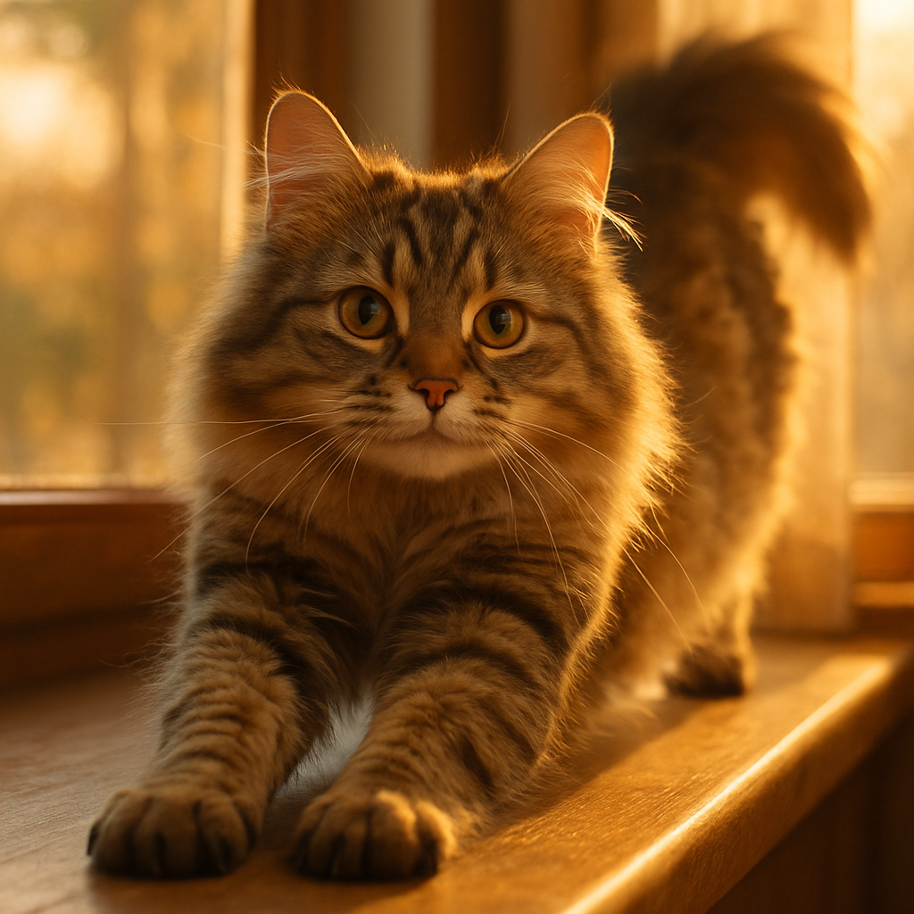 A fluffy tabby cat stretching on a windowsill.