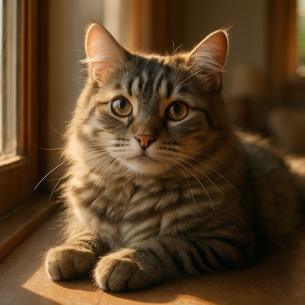 Grey tabby cat lounging on a sunny windowsill