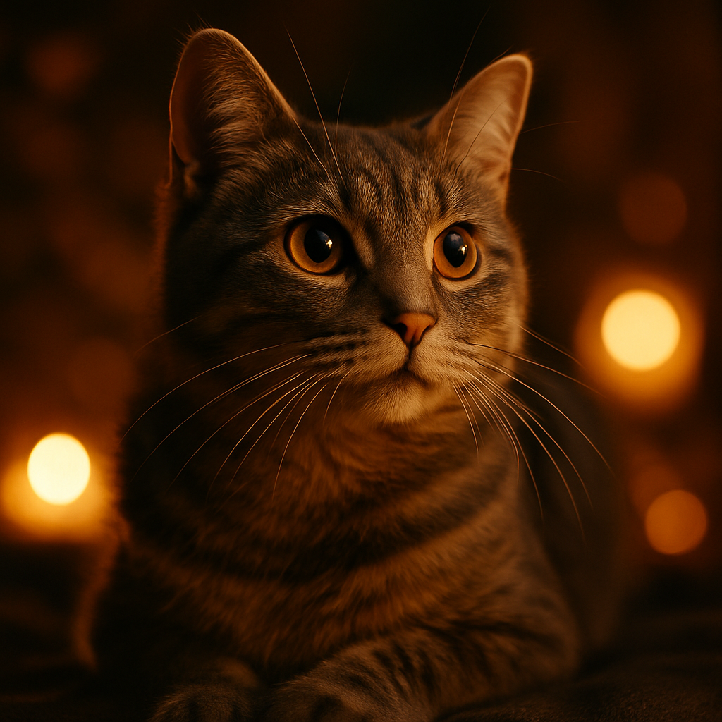 Luna the gray tabby cat exploring a moonlit garden