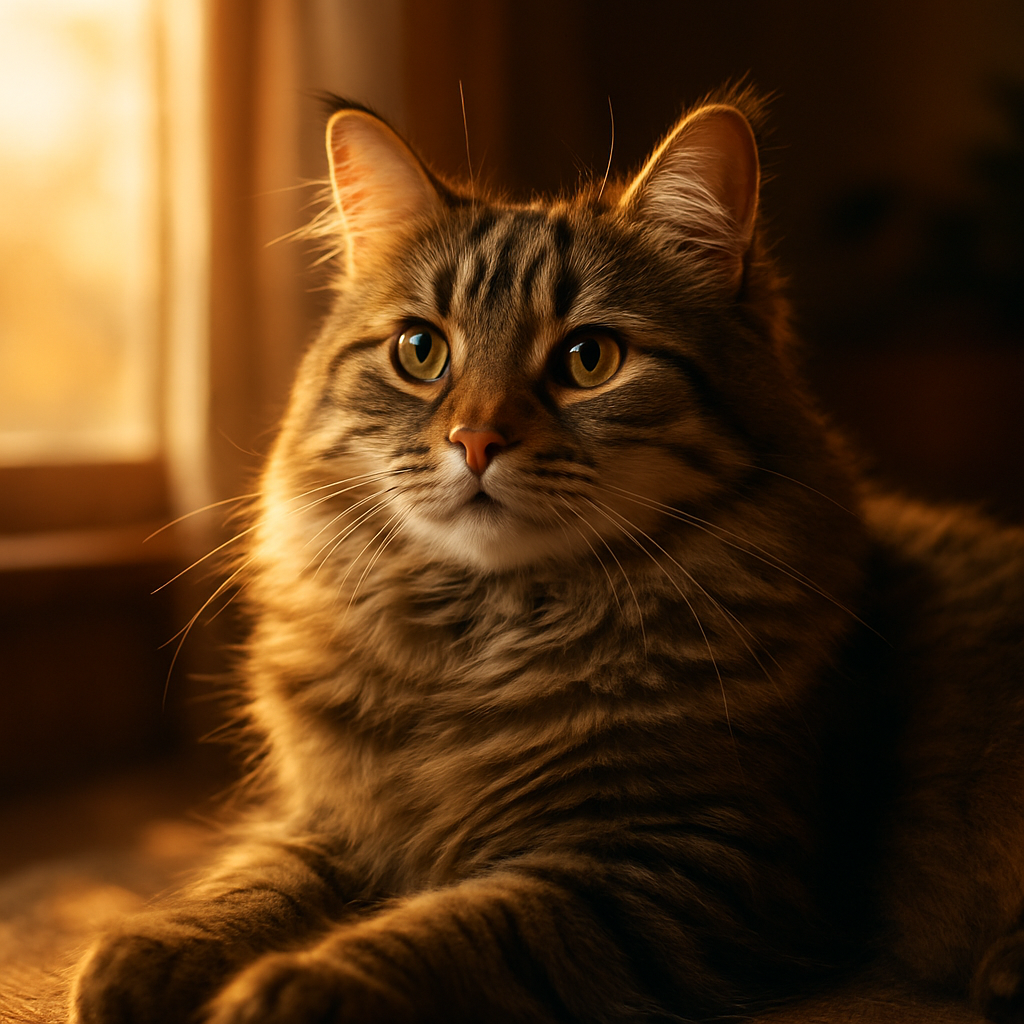 A fluffy tabby cat basking in morning sunlight.