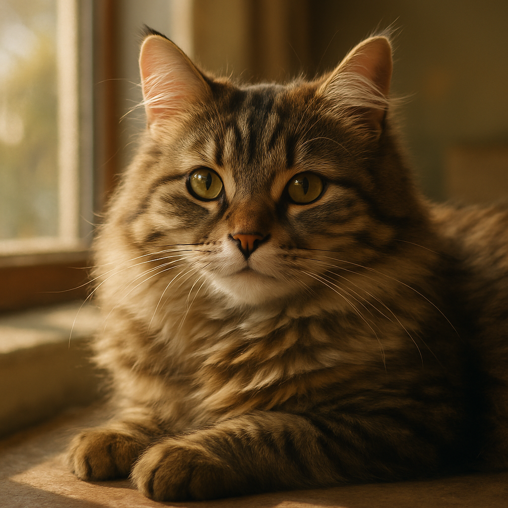 A fluffy tabby cat napping on a sunny window sill