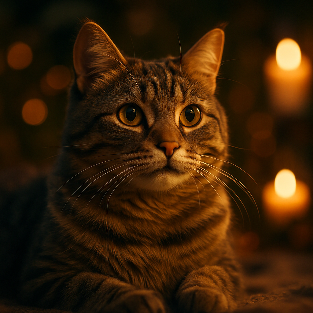 Tabby cat exploring a moonlit garden