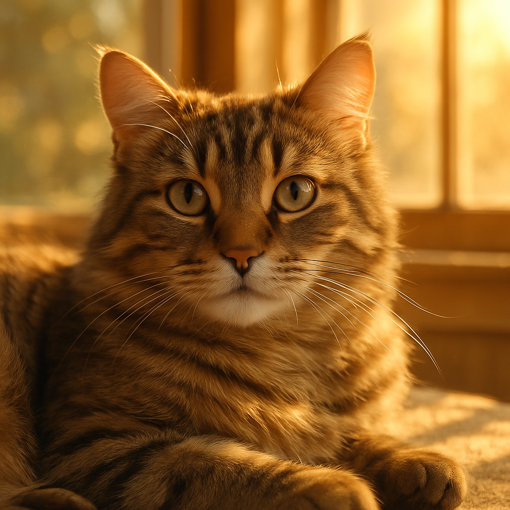 Tabby cat lying in sunlit spot by a window.