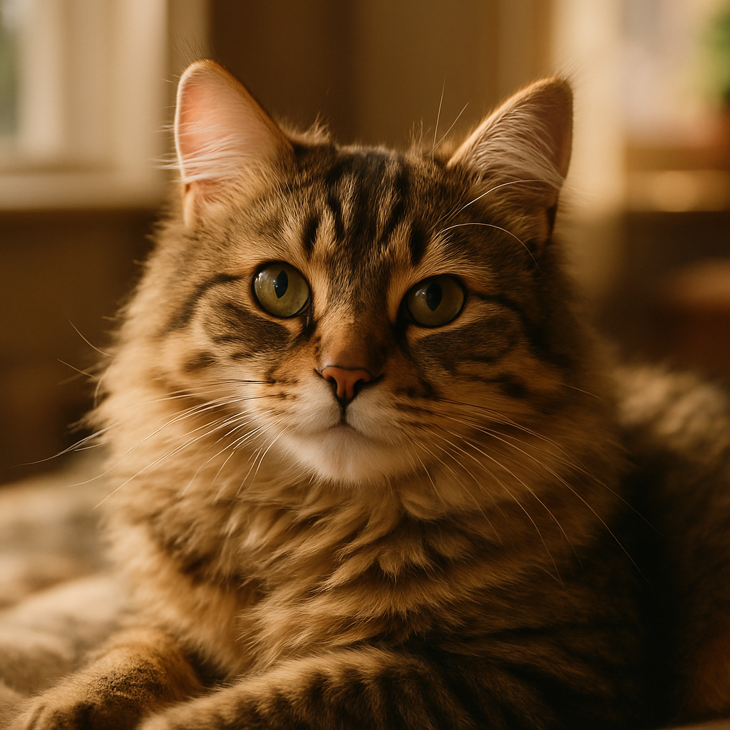 A fluffy tabby cat napping in a sunbeam.
