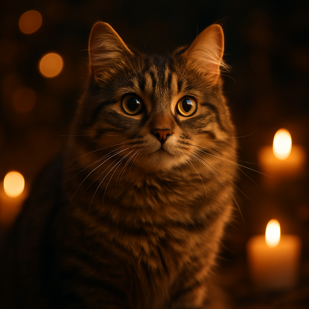 A tabby cat exploring a moonlit garden