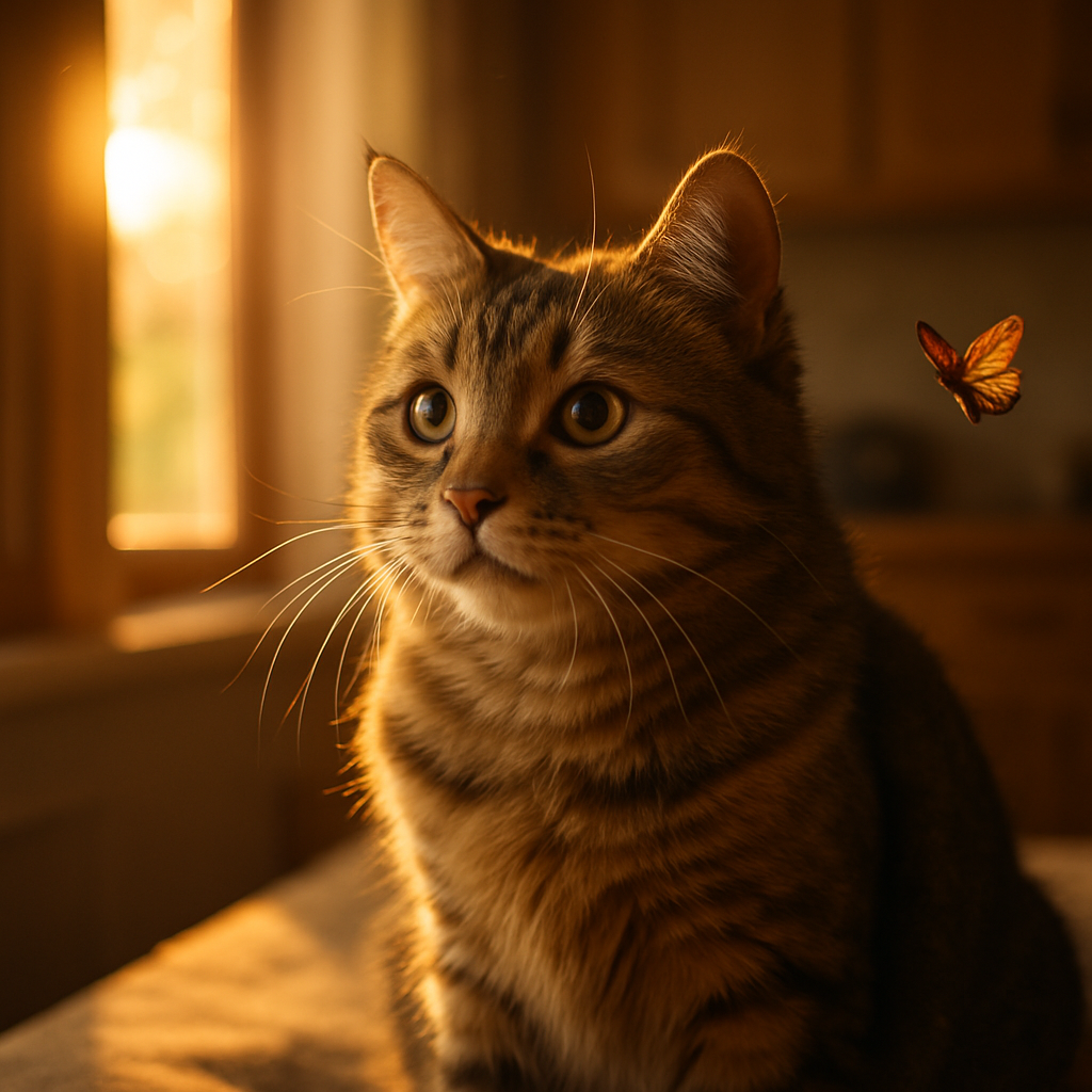 Curious tabby cat watching a butterfly in the kitchen.