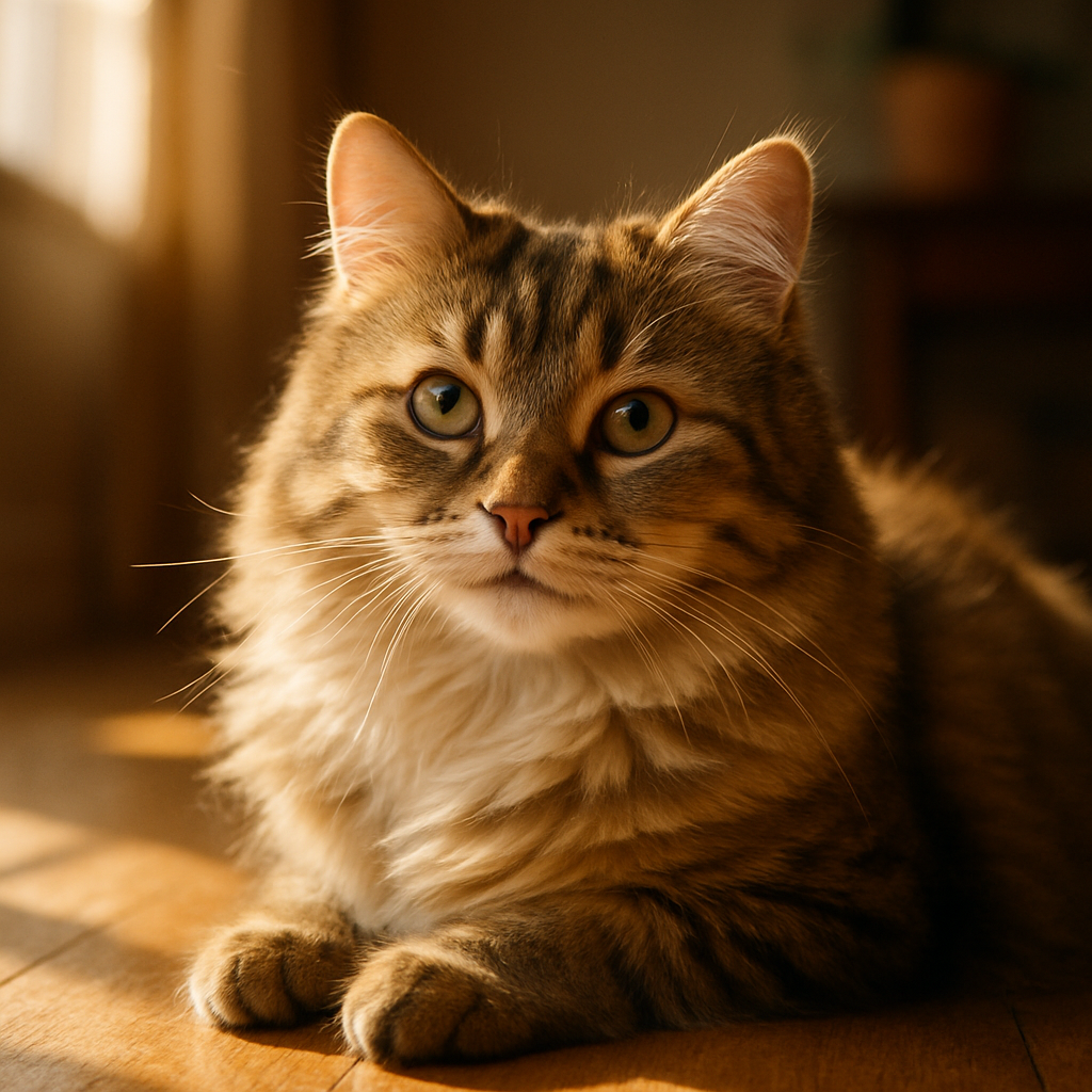 A content cat basking in a sunbeam on a wooden floor