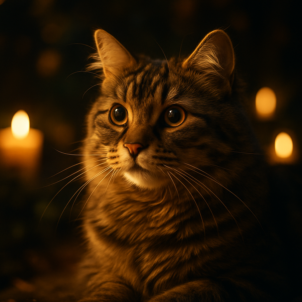 Curious tabby cat exploring a night garden