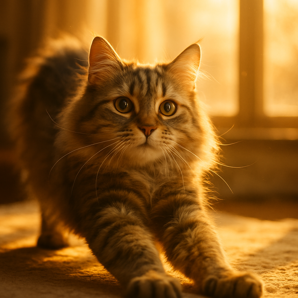 Cat stretching in morning sunlight