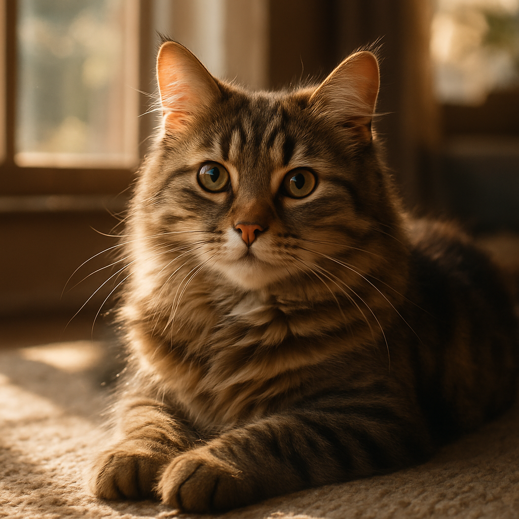 A tabby cat lounging in a sunbeam by a window