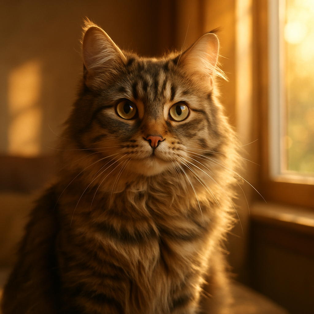 A tabby cat exploring a sunny garden in the morning.